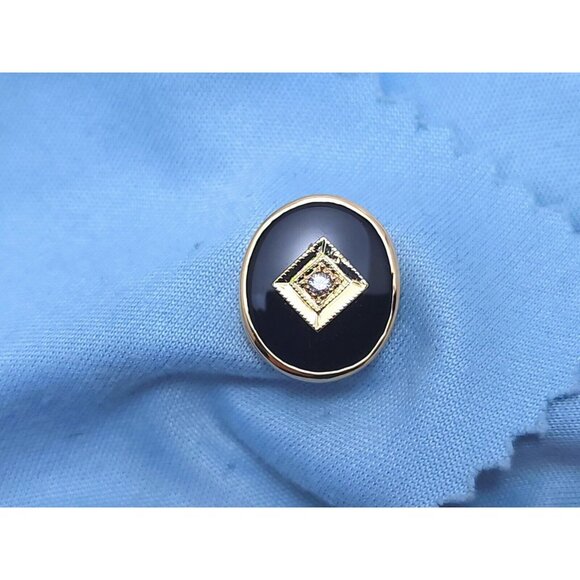 Vintage 14K Solid Yellow Gold Designer Black Onyx & Diamond Tie Tack Label Pin